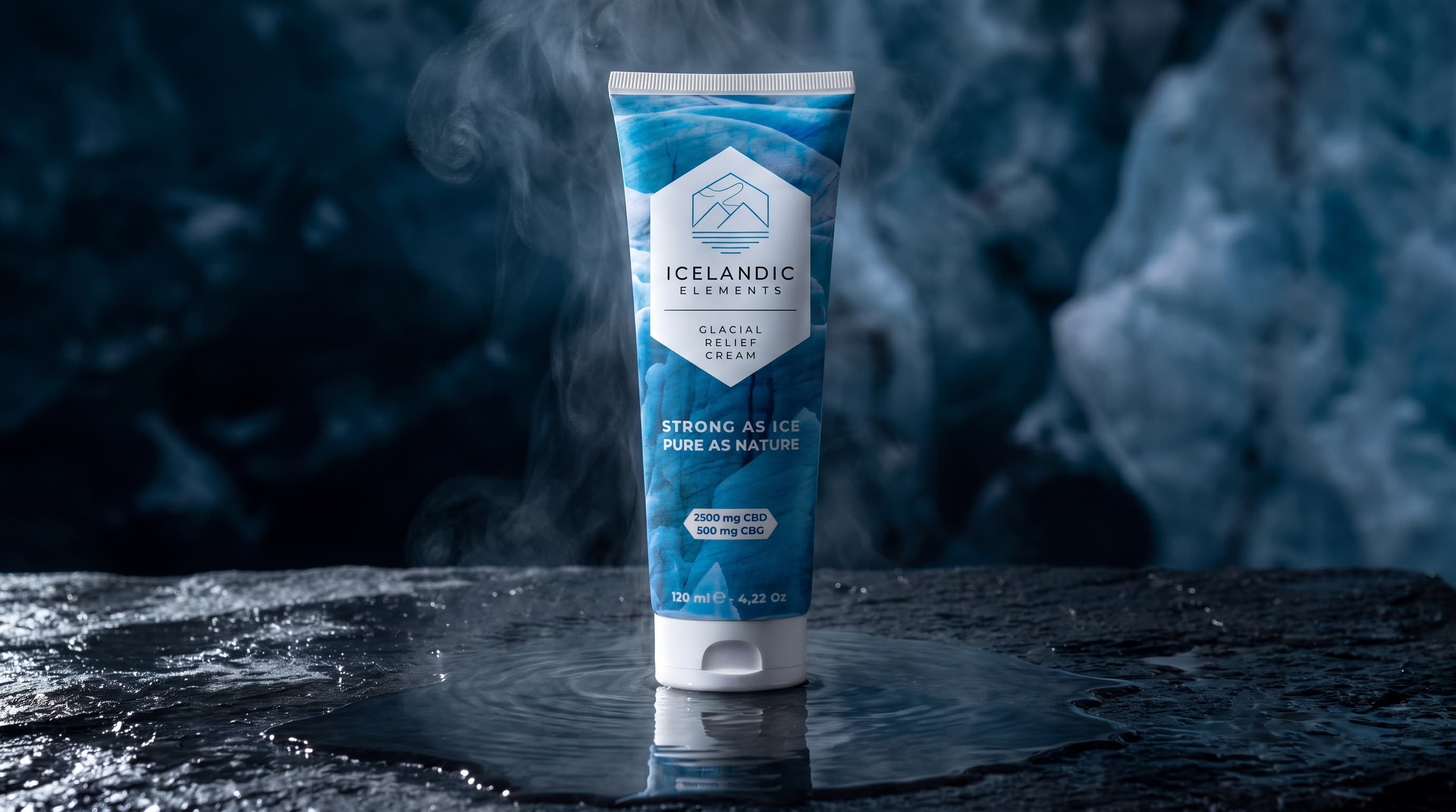 Glacial Relief Cream tube with the current 2500 mg CBD and 500 mg CBG label standing on wet basalt
